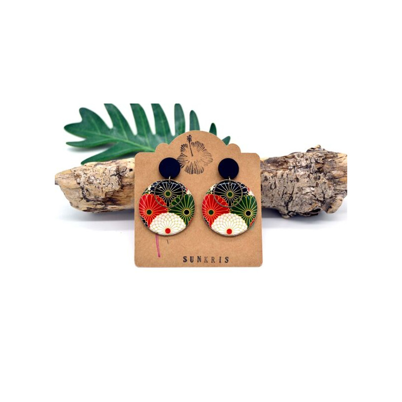 Boucles D'Oreilles Seigaiha noir et rouge  - Jaïnès & Co