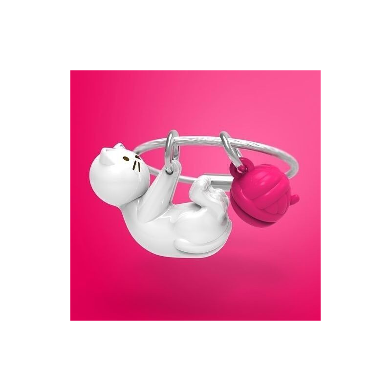 Porte-clés Chat blanc & sa pelote de laine - Metalmorphose