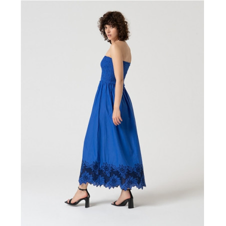 Robe longue bardot avec broderie Bleu cobalt MALI727 - Surkana - Achat en ligne - Jaines