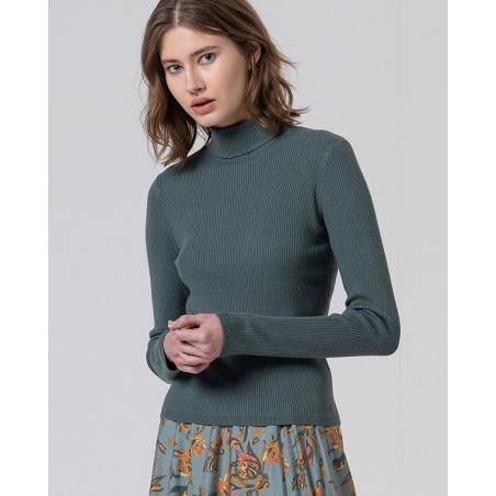 Pull cotelé col montant bleu acier LIZA239  - Surkana - Achat en ligne - Jaines