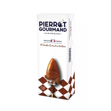 Etui de 10 sucettes Caramel au lait frais  - Pierrot Gourmand - Achat en ligne - Jaines