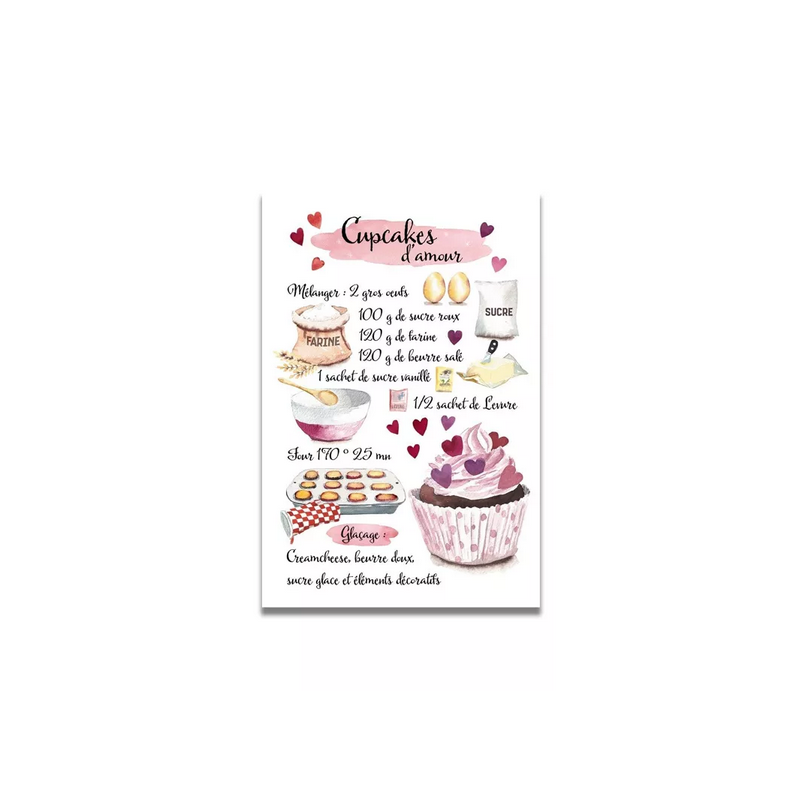 Carte Aquarelle Recette Cupcake d'Amour- Les rêves de Caro - Achat en ligne - Jaines