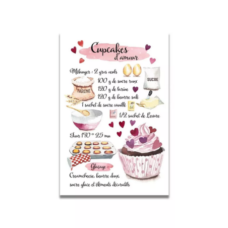 Carte Aquarelle Recette Cupcake d'Amour- Les rêves de Caro - Achat en ligne - Jaines