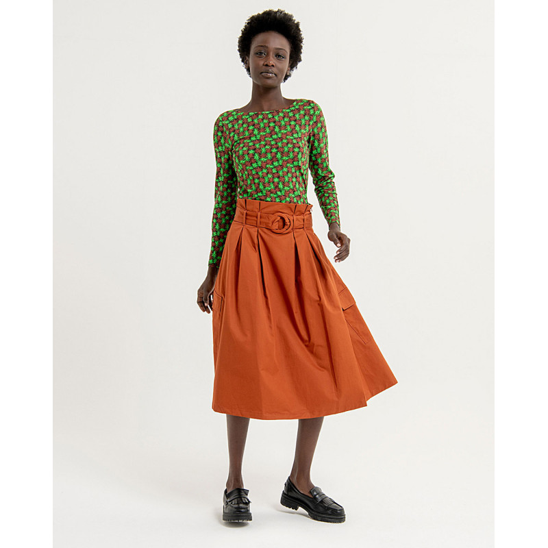 Jupe évasée avec ceinture et poches latérales Marron SALI622 - Surkana