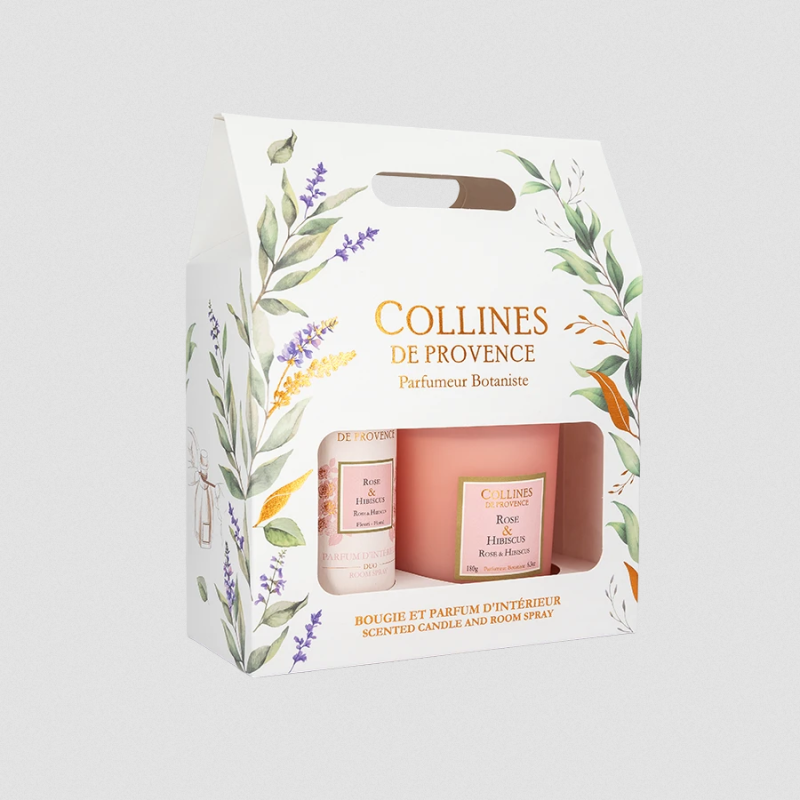 Coffret Bougie 180g & Parfum d'intérieur - Rose & Hibiscus - Collines de Provence
