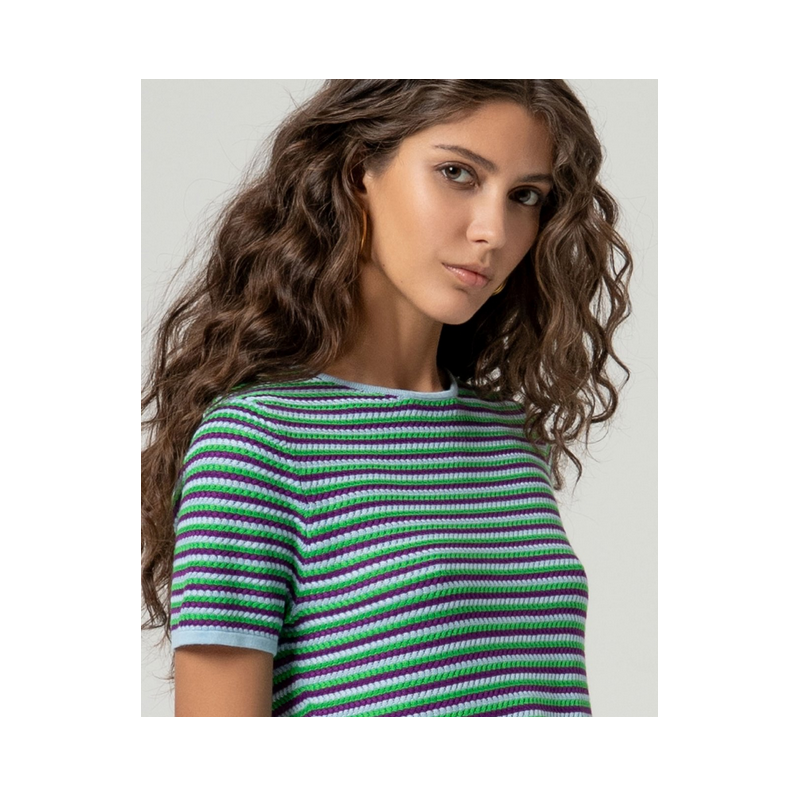 Pull manches courtes rayé Bleu ciel HIDO232- Surkana - Achat en ligne - Jaines