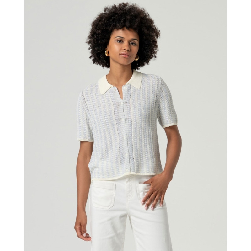 Cardigan col polo manches courtes Écru HITA331  - Surkana - Achat en ligne - Jaines