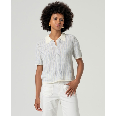 Cardigan col polo manches courtes Écru HITA331  - Surkana - Achat en ligne - Jaines