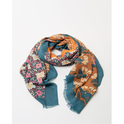 Foulard en laine à carreaux et fleurs Bleu marine FUWO225 - Surkana - Achat en ligne - Jaines