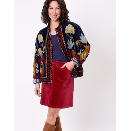 Veste kimono velours brodée GYPSO Broderie rouge HFVG2603 - La Fiancée - Achat en ligne - Jaines