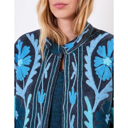 Veste kimono velours brodée GYPSO Broderie bleu HFVG2687 - La Fiancée - Achat en ligne - Jaines
