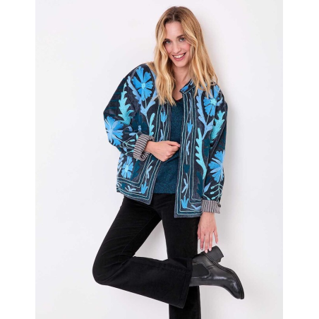 Veste kimono velours brodée GYPSO Broderie bleu HFVG2687 - La Fiancée - Achat en ligne - Jaines