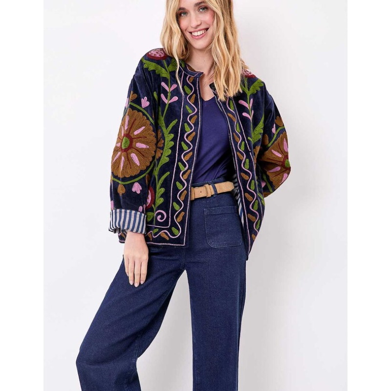 Veste kimono velours brodée GYPSO Broderie verte HFVG2686 - La Fiancée - Achat en ligne - Jaines
