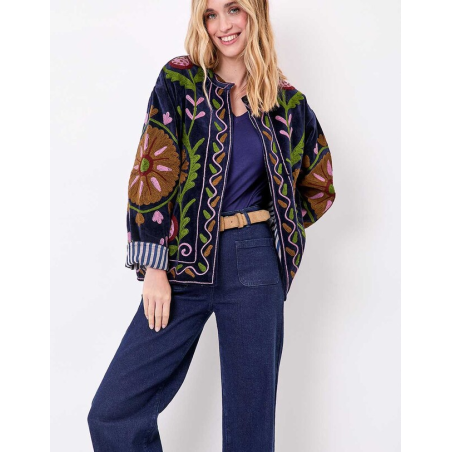 Veste kimono velours brodée GYPSO Broderie verte HFVG2686 - La Fiancée - Achat en ligne - Jaines
