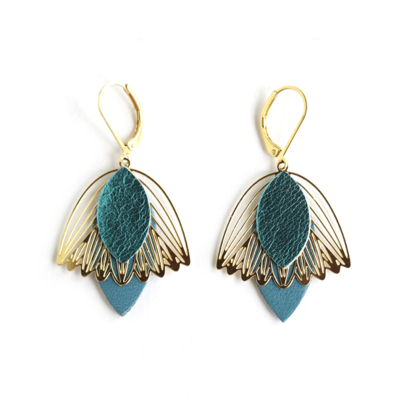 Boucles d'oreilles Fleur de Muguet - Cuir Bleu Canard -Chenoha Studio - Achat en ligne - Jaines