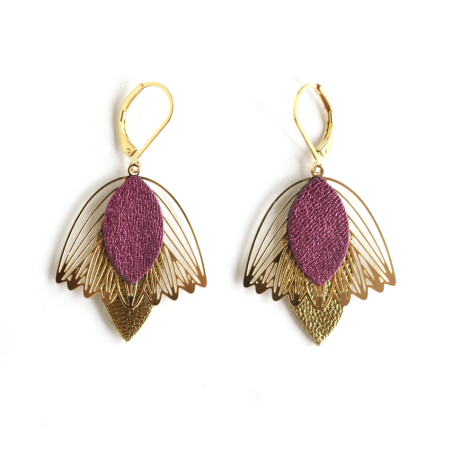 Boucles d'oreilles Fleur de Muguet -Cuir Framboise, Doré -Chenoha Studio - Achat en ligne - Jaines