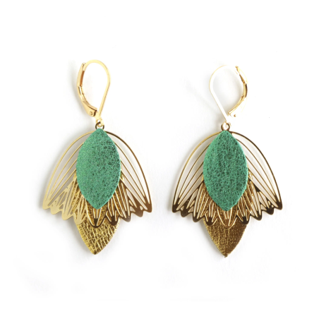 Boucles d'oreilles Fleur de Muguet - Cuir Vert, Doré  - Chenoha Studio - Achat en ligne - Jaines