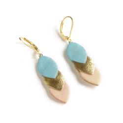 Boucles d'oreilles Sequins - Cuir Bleu, Doré, Rose clair - Chenoha Studio - Achat en ligne - Jaines
