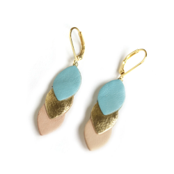 Boucles d'oreilles Sequins - Cuir Bleu, Doré, Rose clair - Chenoha Studio - Achat en ligne - Jaines