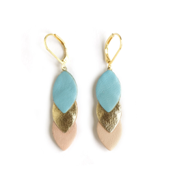 Boucles d'oreilles Sequins - Cuir Bleu, Doré, Rose clair - Chenoha Studio - Achat en ligne - Jaines