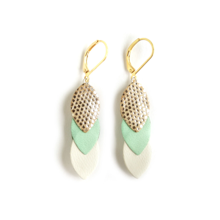 Boucles d'oreilles Sequins - cuir Pois dorés, Menthe, Blanc - Chenoha Studio - Achat en ligne - Jaines