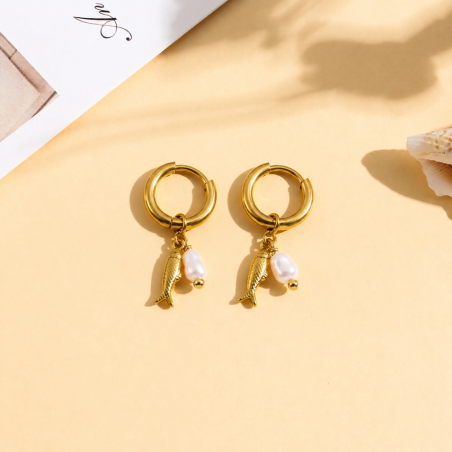 Boucles d'oreilles créoles poisson et perle - Eclat Paris - Achat en ligne - Jaines
