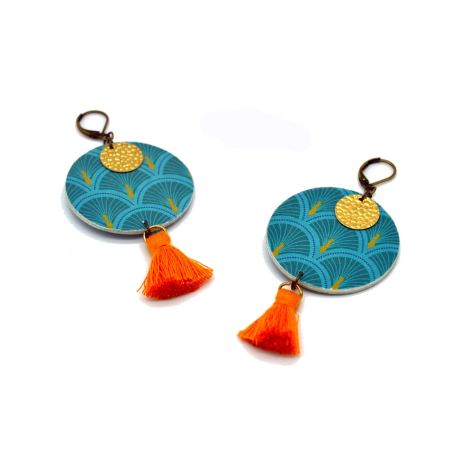 Boucles D'Oreilles paon bleu pompons orange- Sunkris - Achat en ligne - Jaines