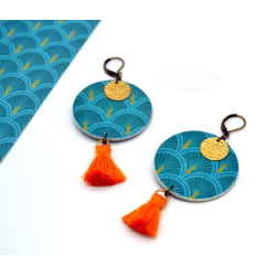 Boucles D'Oreilles paon bleu pompons orange- Sunkris - Achat en ligne - Jaines