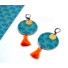 Boucles D'Oreilles paon bleu pompons orange- Sunkris - Achat en ligne - Jaines
