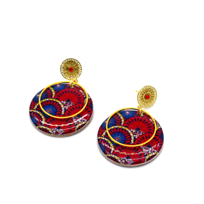 Boucles D'Oreilles paon bleu pompons orange- Sunkris - Achat en ligne - Jaines